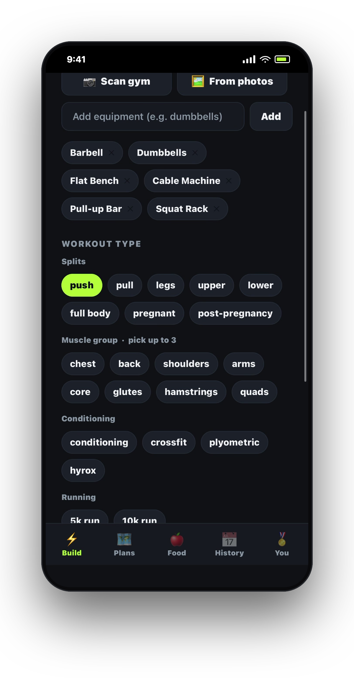 Sharpen Fit build screen — scan gym or pick equipment
