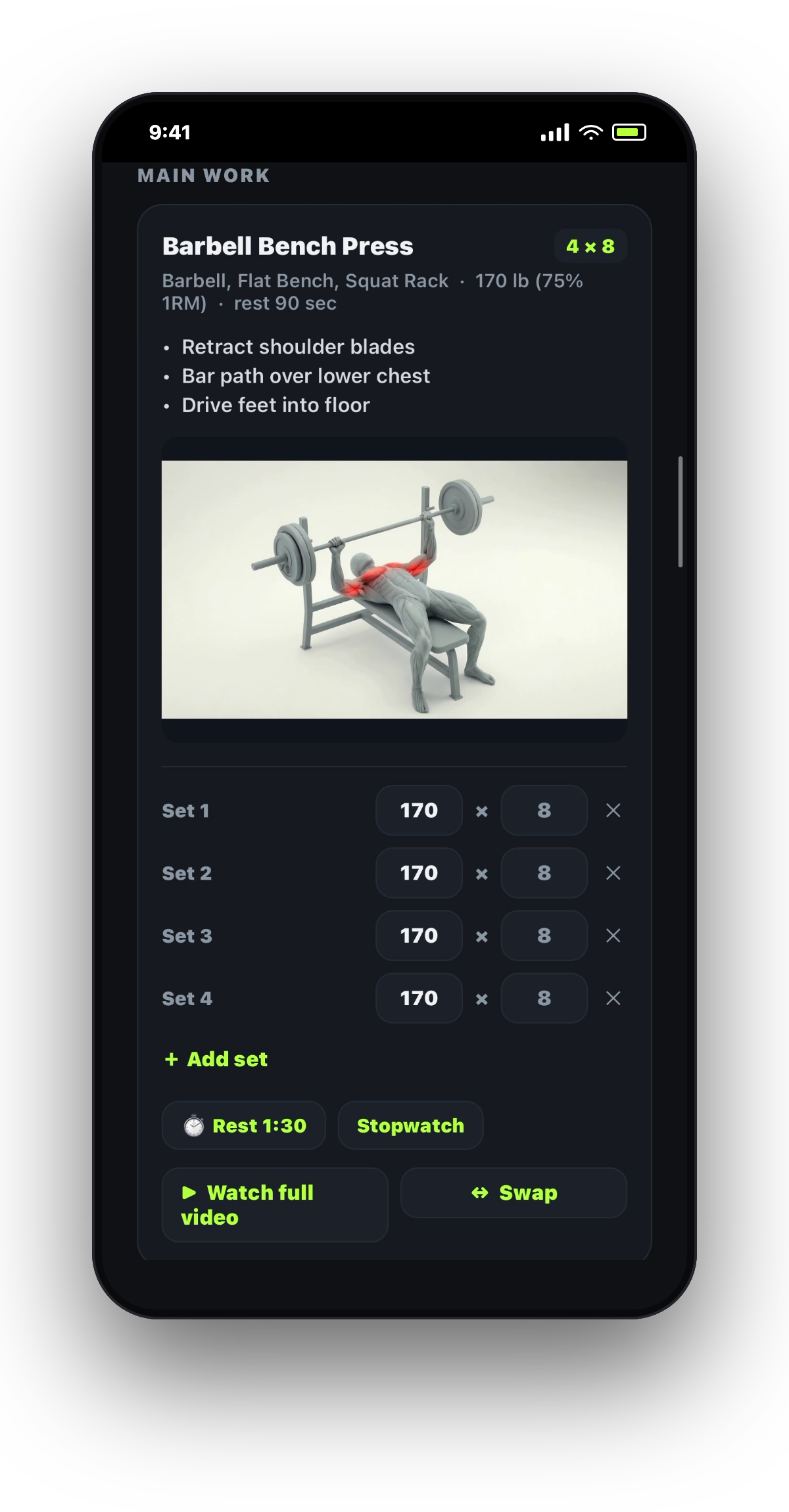 A Sharpen Fit AI-generated workout with sets, reps, weights and a form-demo video